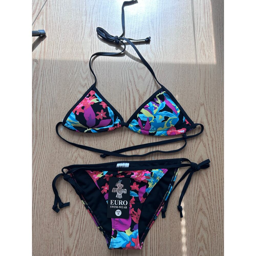 New Womens Euro Floral Print 2pc String Bikini Black blue pink purple aqua Small